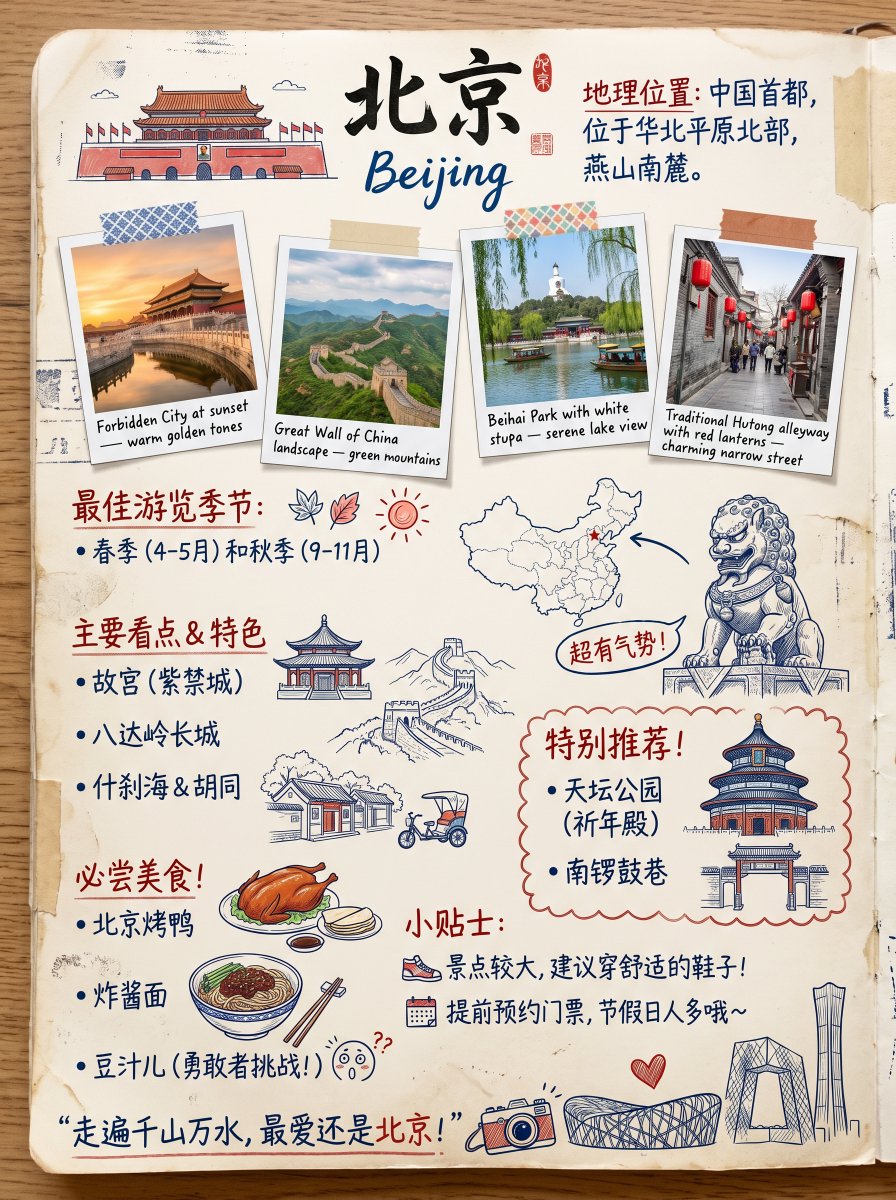 产品视觉 GPT Image 2 提示词：Vintage Beijing Travel Scrapbook Poster