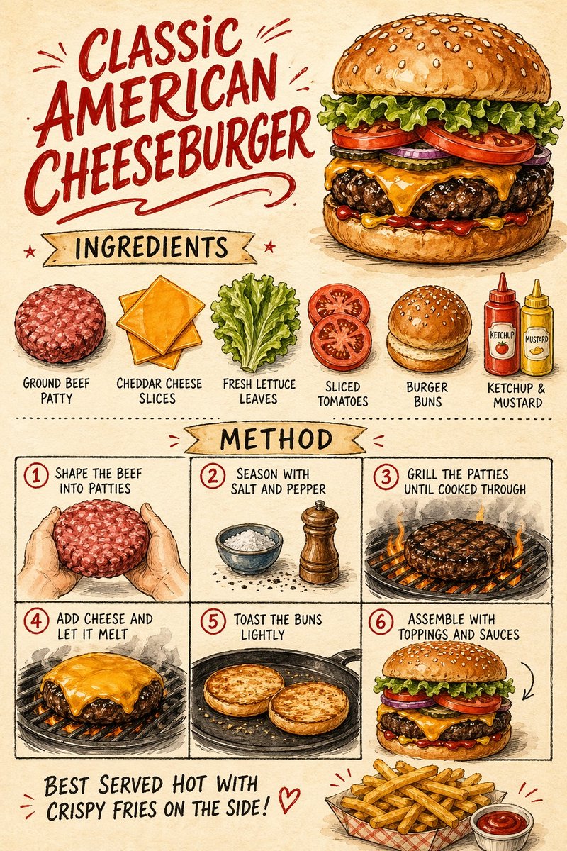 产品视觉 GPT Image 2 提示词：Vintage Cheeseburger Recipe Poster