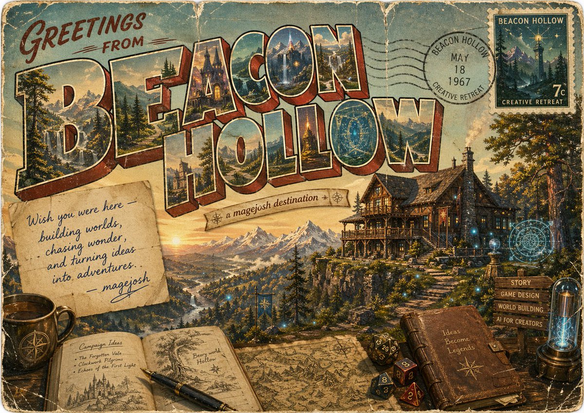 产品视觉 GPT Image 2 提示词：Vintage Fantasy Postcard of Beacon Hollow
