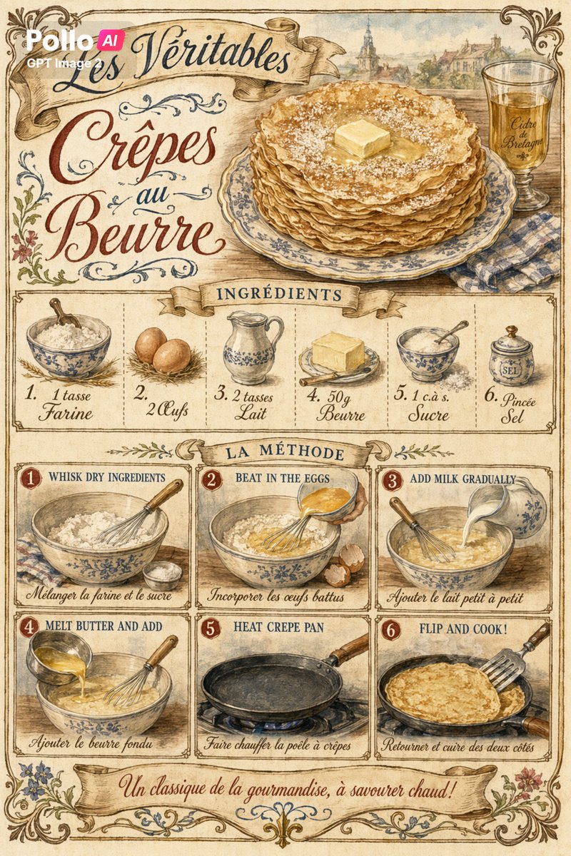产品视觉 GPT Image 2 提示词：Vintage French Crepe Recipe Poster