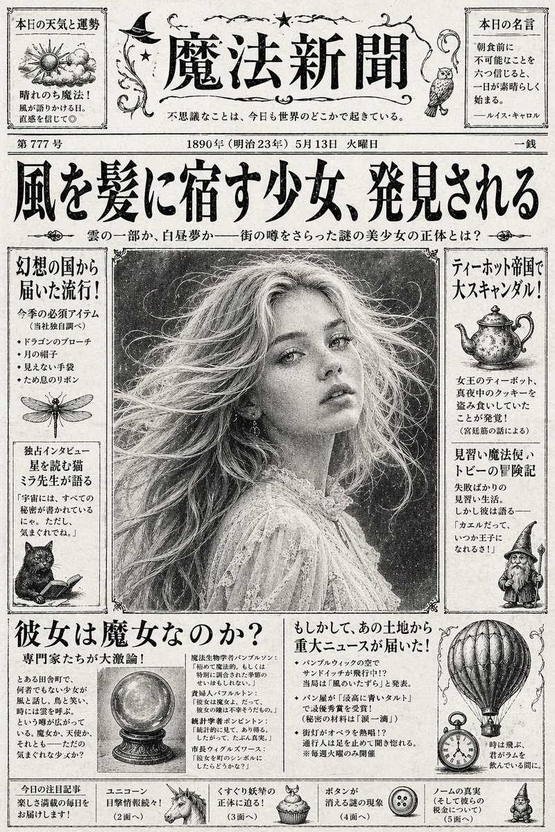 产品视觉 GPT Image 2 提示词：Vintage Japanese Fantasy Magic Newspaper