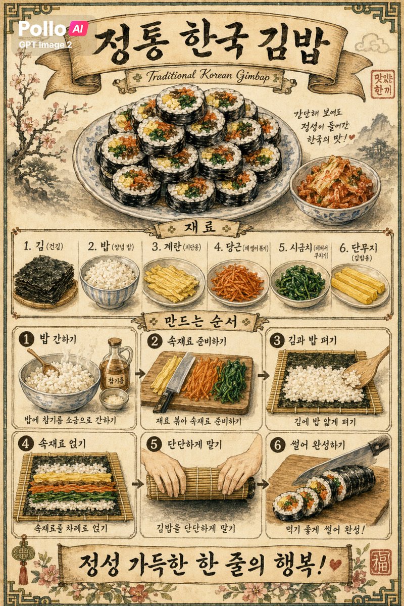 产品视觉 GPT Image 2 提示词：Vintage Korean Gimbap Recipe Poster