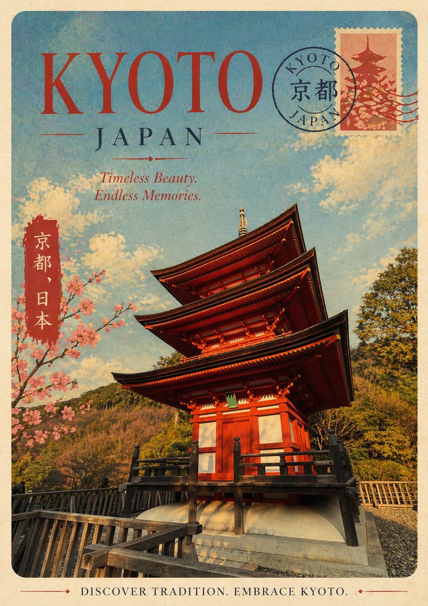 产品视觉 GPT Image 2 提示词：Vintage Kyoto Travel Poster