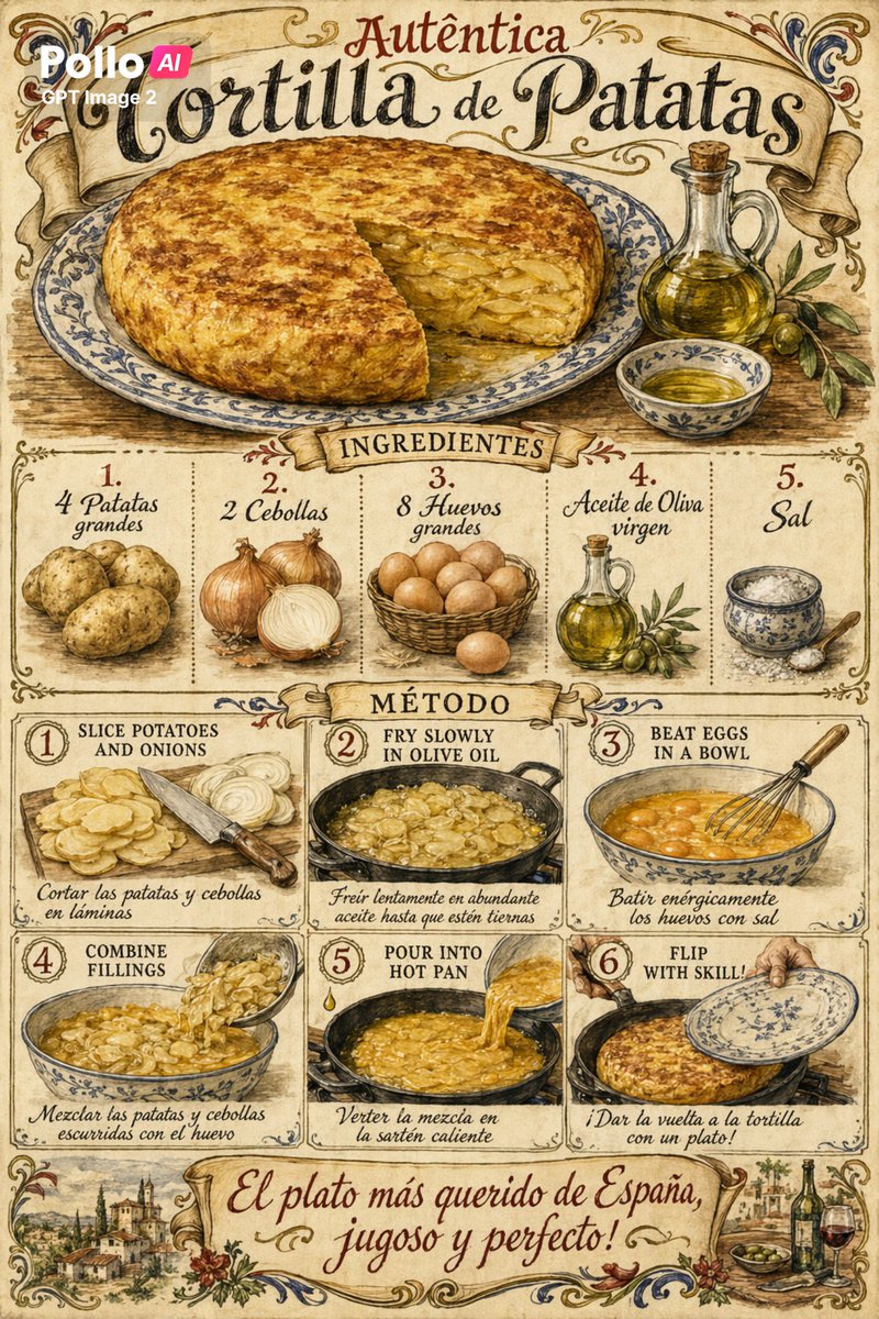 产品视觉 GPT Image 2 提示词：Vintage Spanish Tortilla Recipe Poster