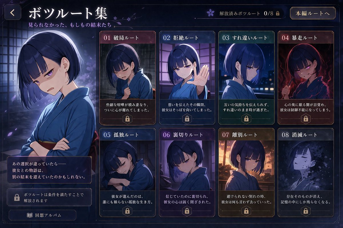 界面稿 GPT Image 2 提示词：Visual Novel Rejected Routes UI