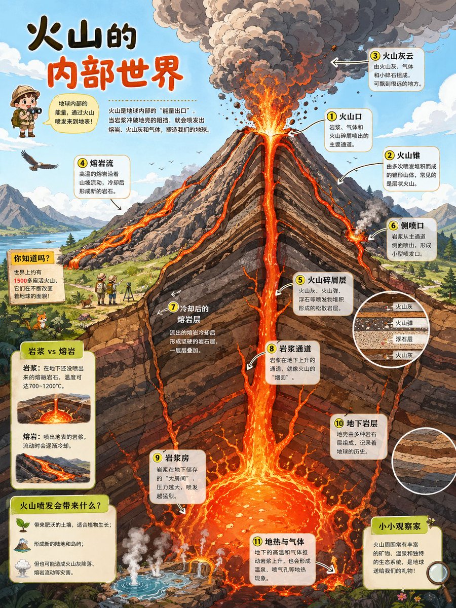 产品视觉 GPT Image 2 提示词：Volcano Cutaway Science Poster