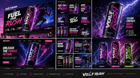 产品视觉 GPT Image 2 提示词：VoltRush能量饮料全套营销视觉