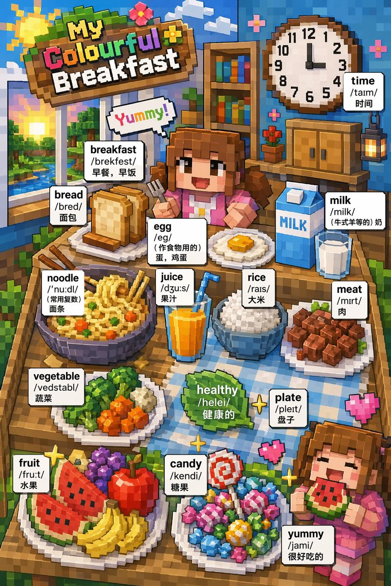 产品视觉 GPT Image 2 提示词：Voxel Art Bilingual Breakfast Vocabulary Poster