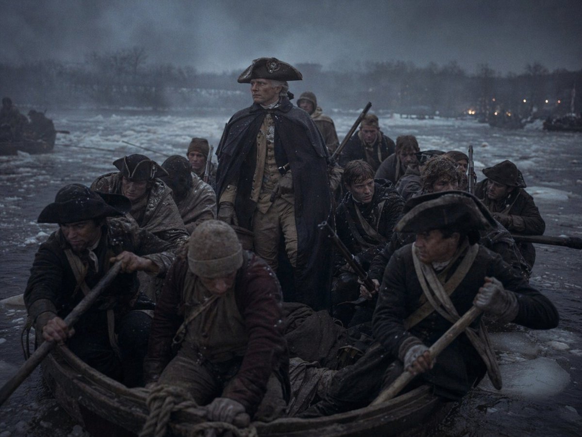 故事绘本 GPT Image 2 提示词：Washington Crossing Style Winter Boat Scene