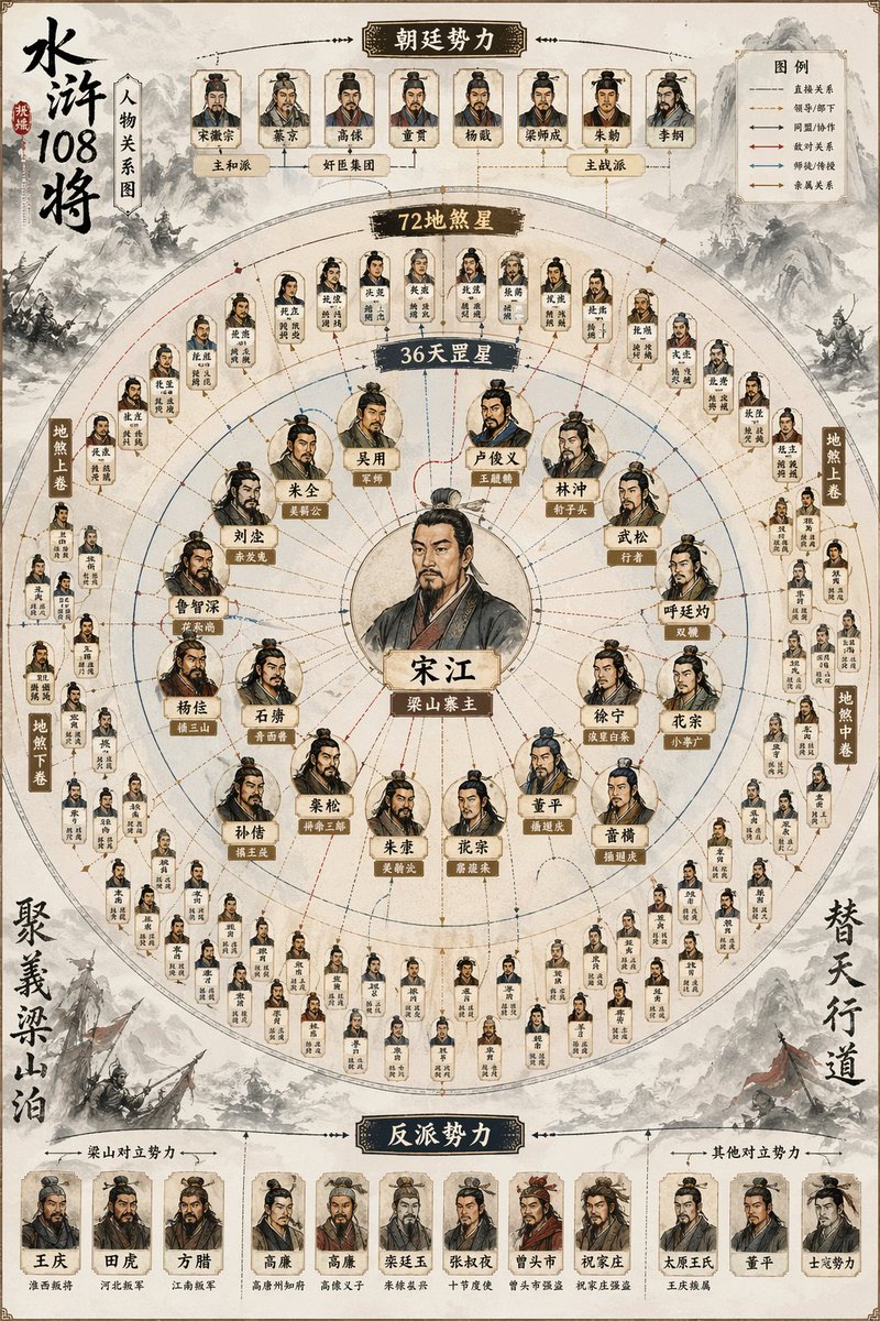 产品视觉 GPT Image 2 提示词：Water Margin 108 Heroes Relationship Map