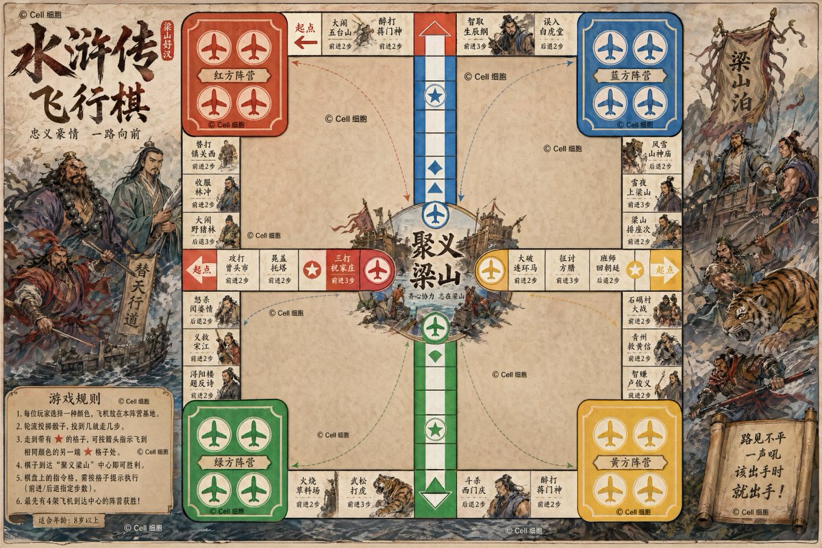 界面稿 GPT Image 2 提示词：Water Margin Themed Flying Chess Board