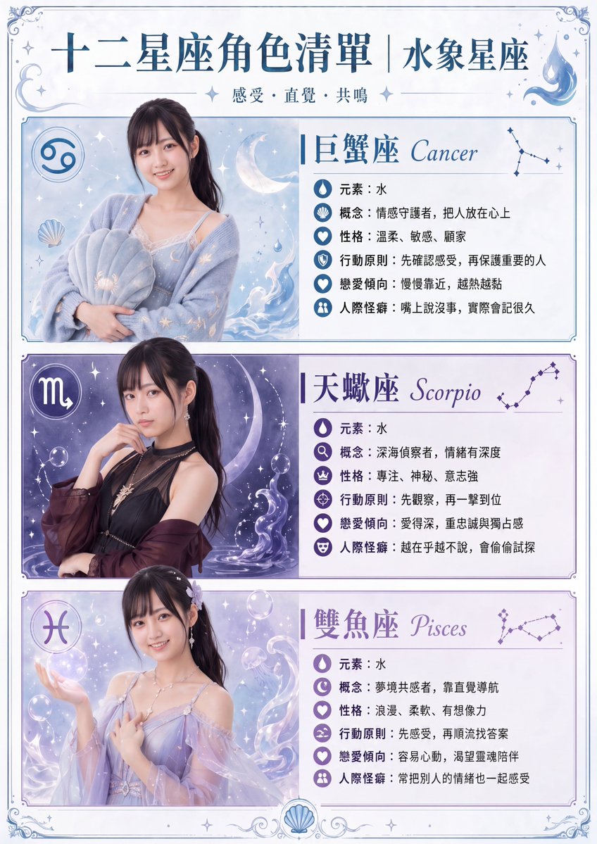 产品视觉 GPT Image 2 提示词：Water Signs Zodiac Character Poster