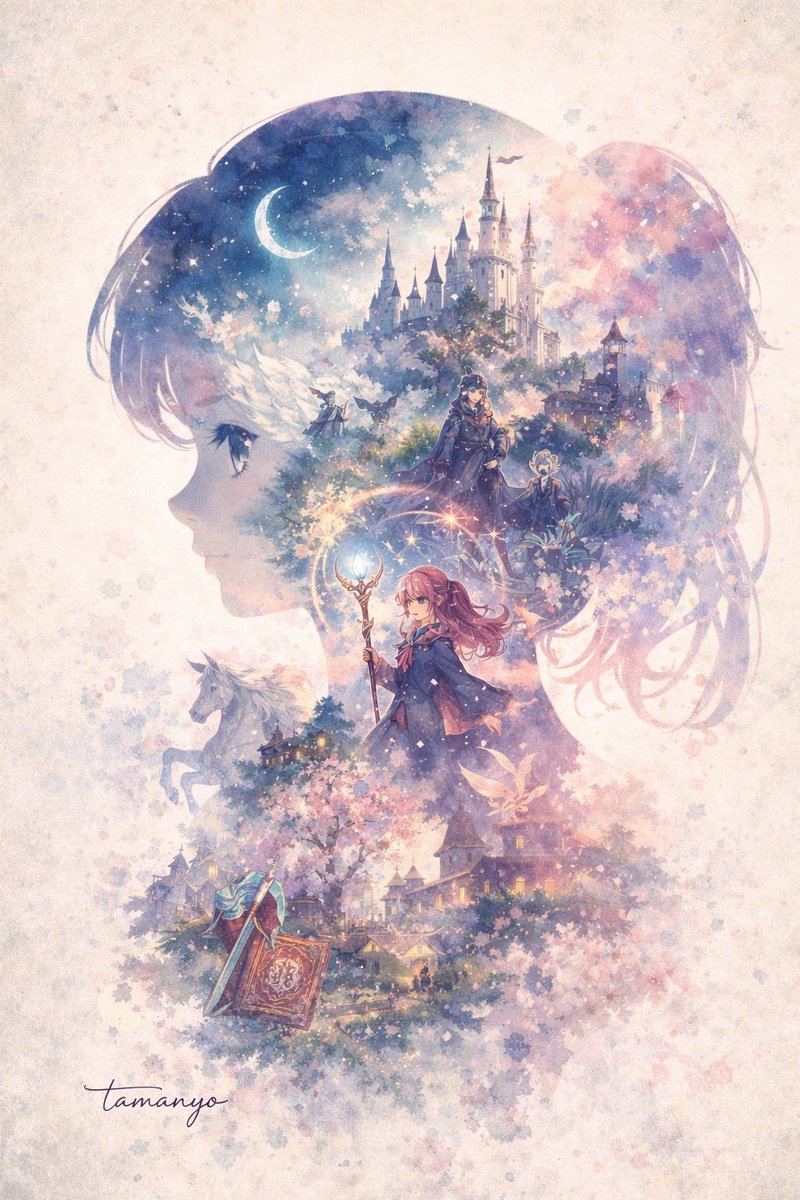 角色设定 GPT Image 2 提示词：Watercolor Double-Exposure Fantasy Silhouette