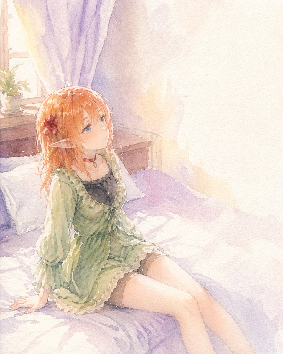 界面稿 GPT Image 2 提示词：Watercolor Elf Girl on Sunlit Bed