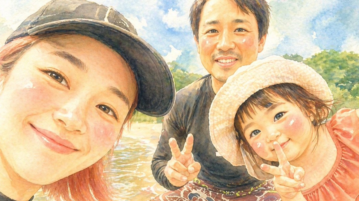 角色设定 GPT Image 2 提示词：Watercolor Family Riverside Selfie