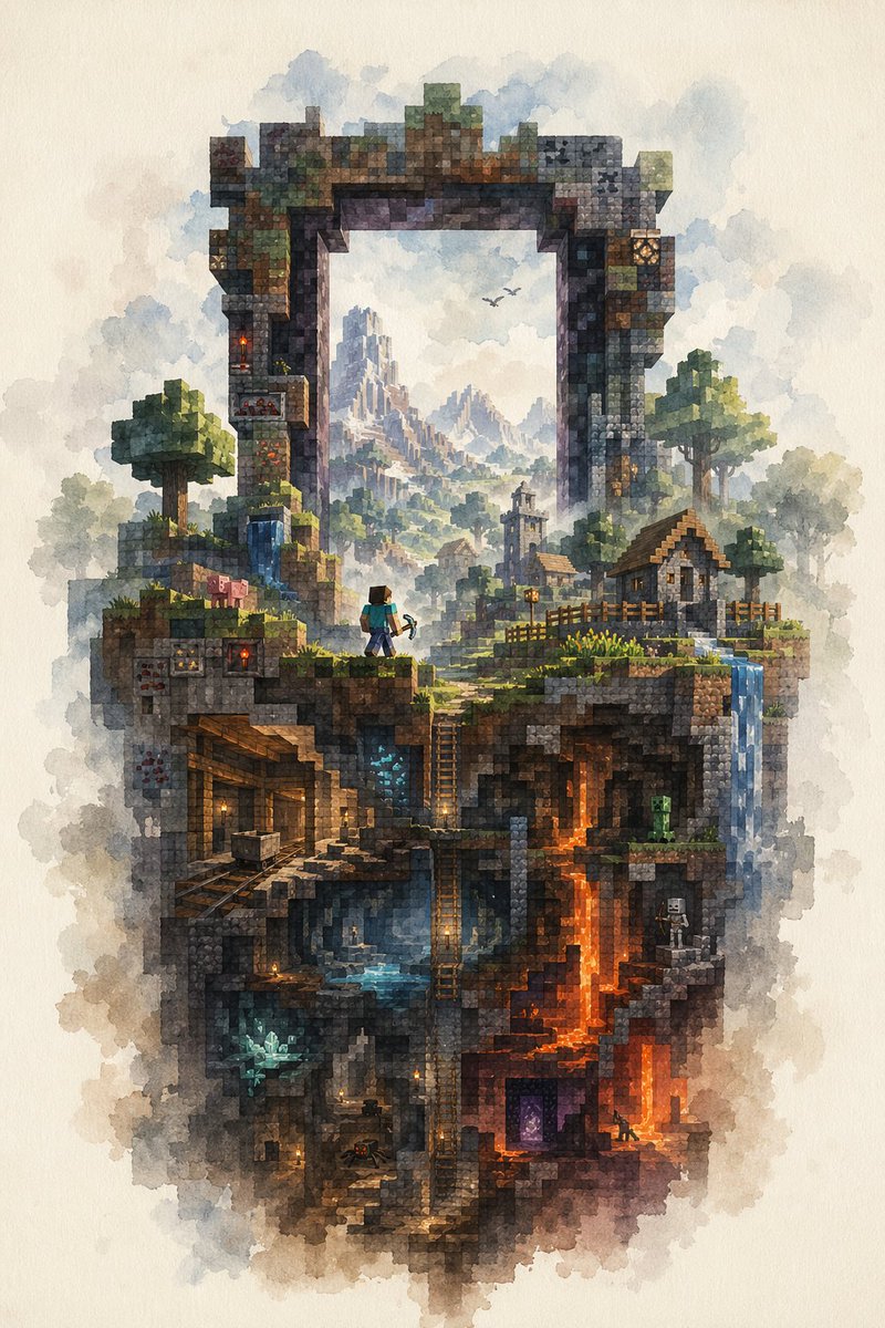 产品视觉 GPT Image 2 提示词：Watercolor Minecraft World Cross-Section