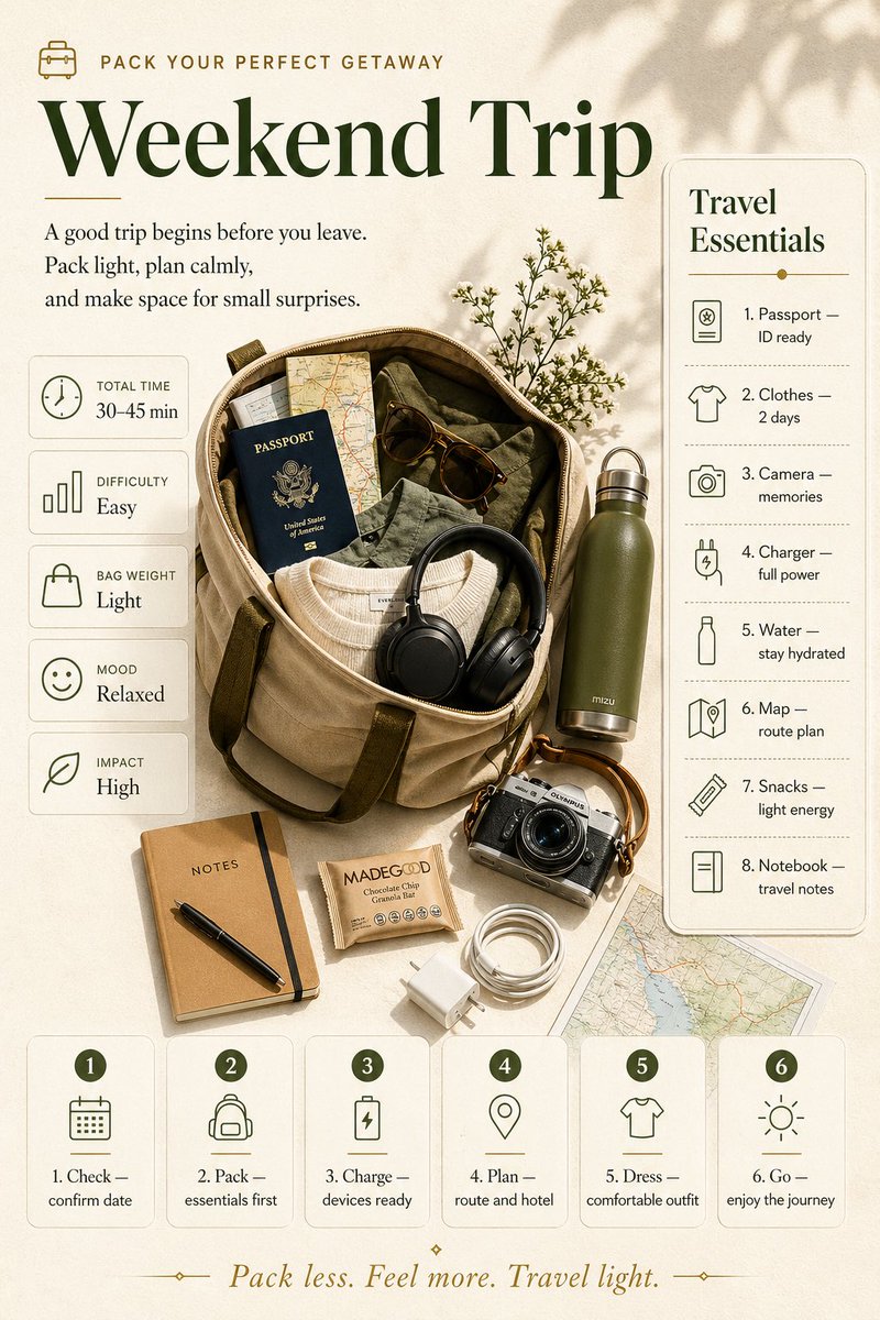 产品视觉 GPT Image 2 提示词：Weekend Trip Packing Infographic