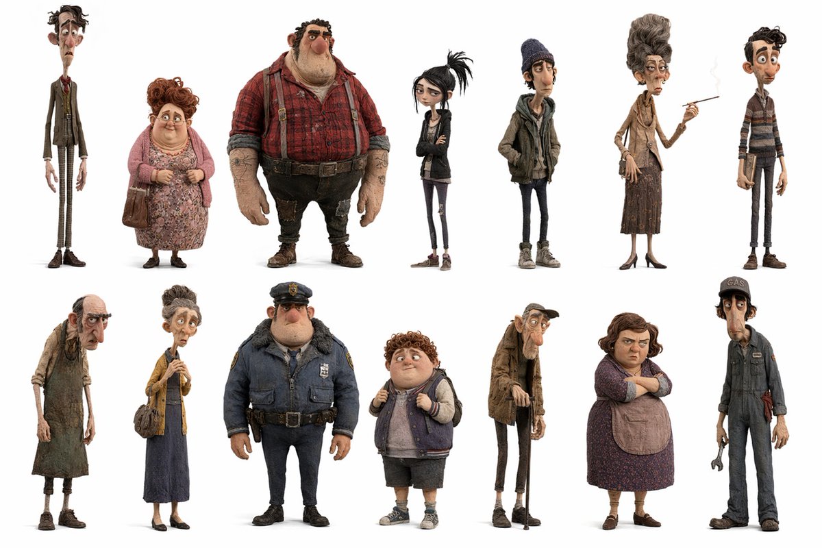 界面稿 GPT Image 2 提示词：Whimsical Animated Townsfolk Lineup