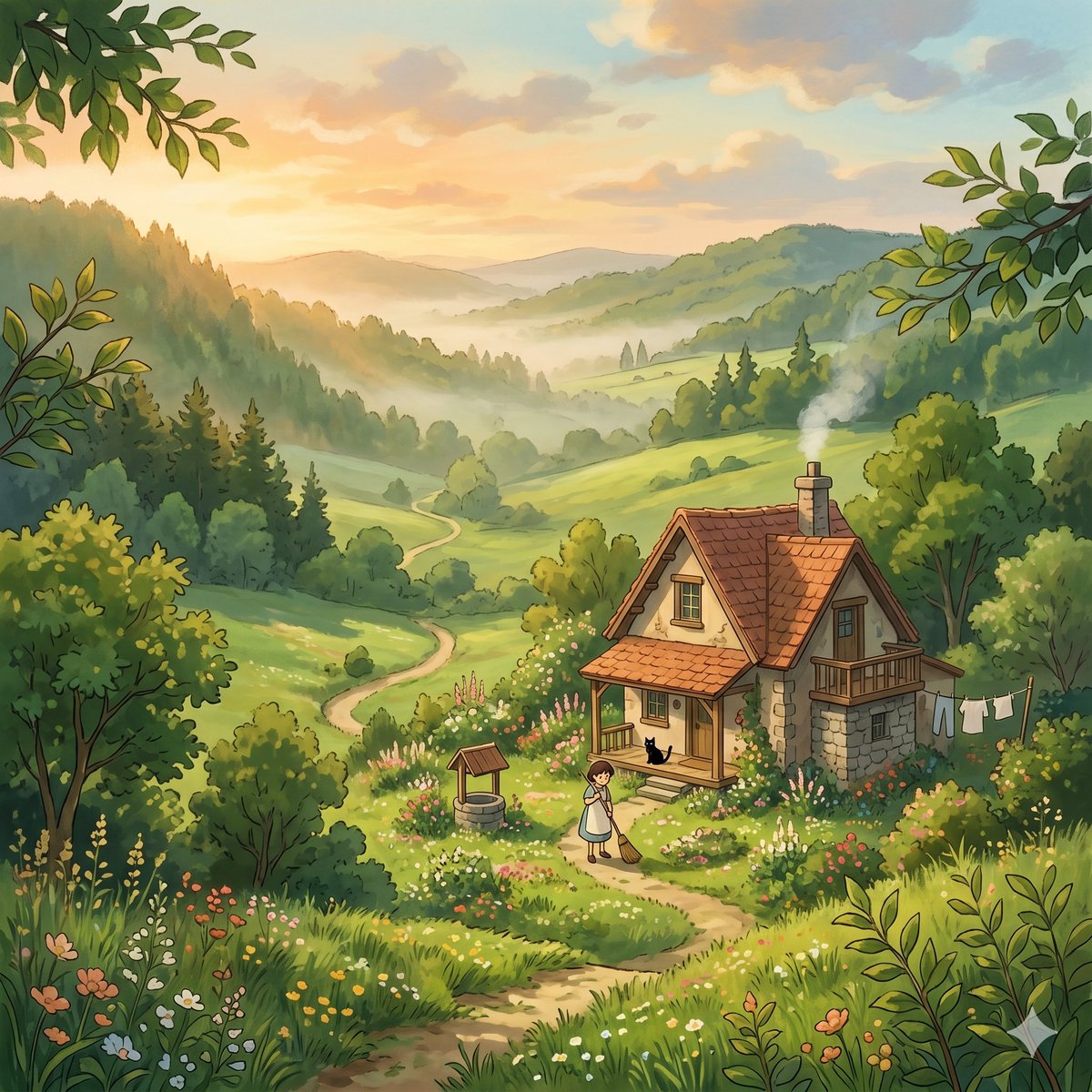 创意灵感 GPT Image 2 提示词：Whimsical Cottage Valley Sunrise