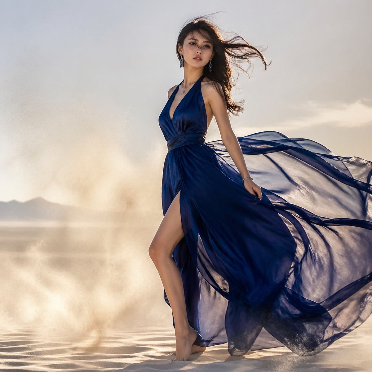 界面稿 GPT Image 2 提示词：Windblown Blue Gown Desert Editorial