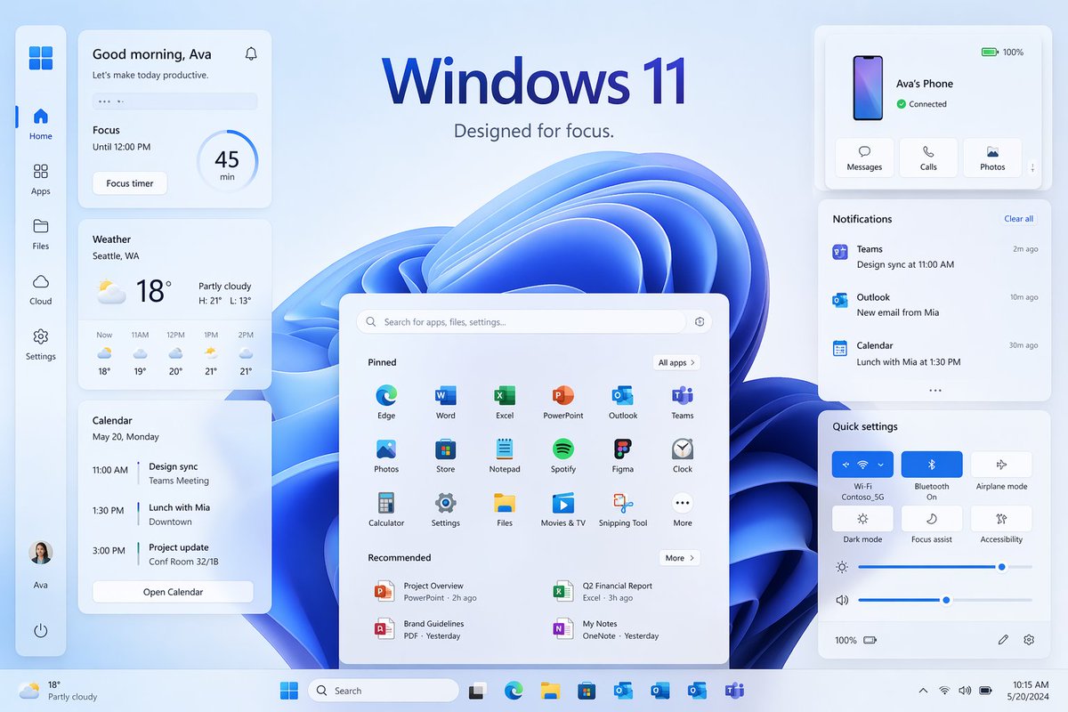 产品视觉 GPT Image 2 提示词：Windows 11 Focus UI Showcase