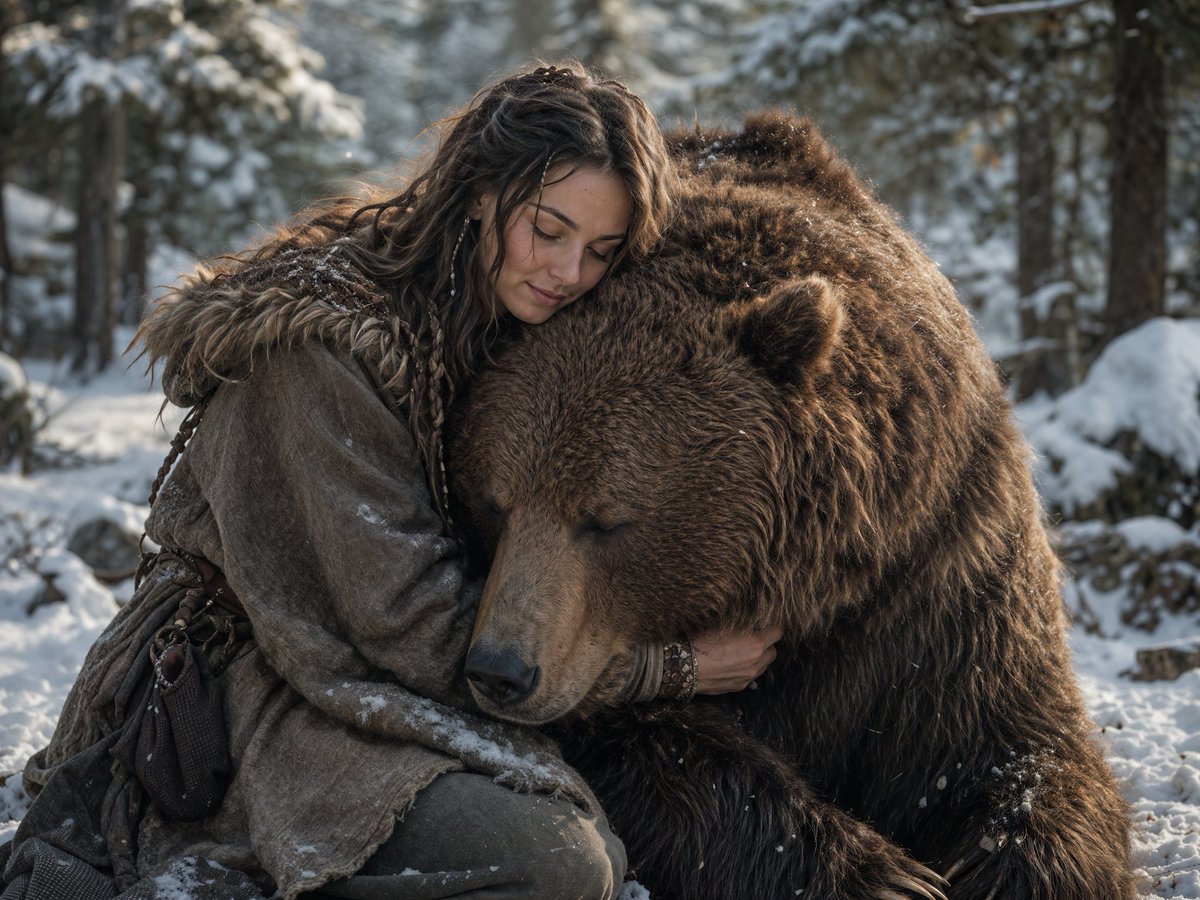 产品视觉 GPT Image 2 提示词：Woman Embracing a Bear in Winter