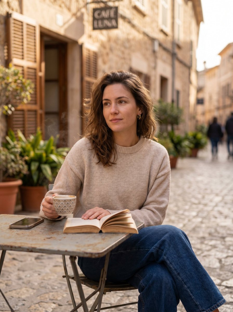 产品视觉 GPT Image 2 提示词：Woman Reading at European Street Café