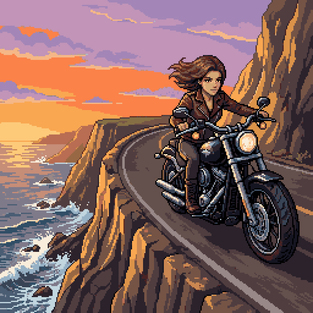 产品视觉 GPT Image 2 提示词：Woman Riding Motorcycle on Cliff Road