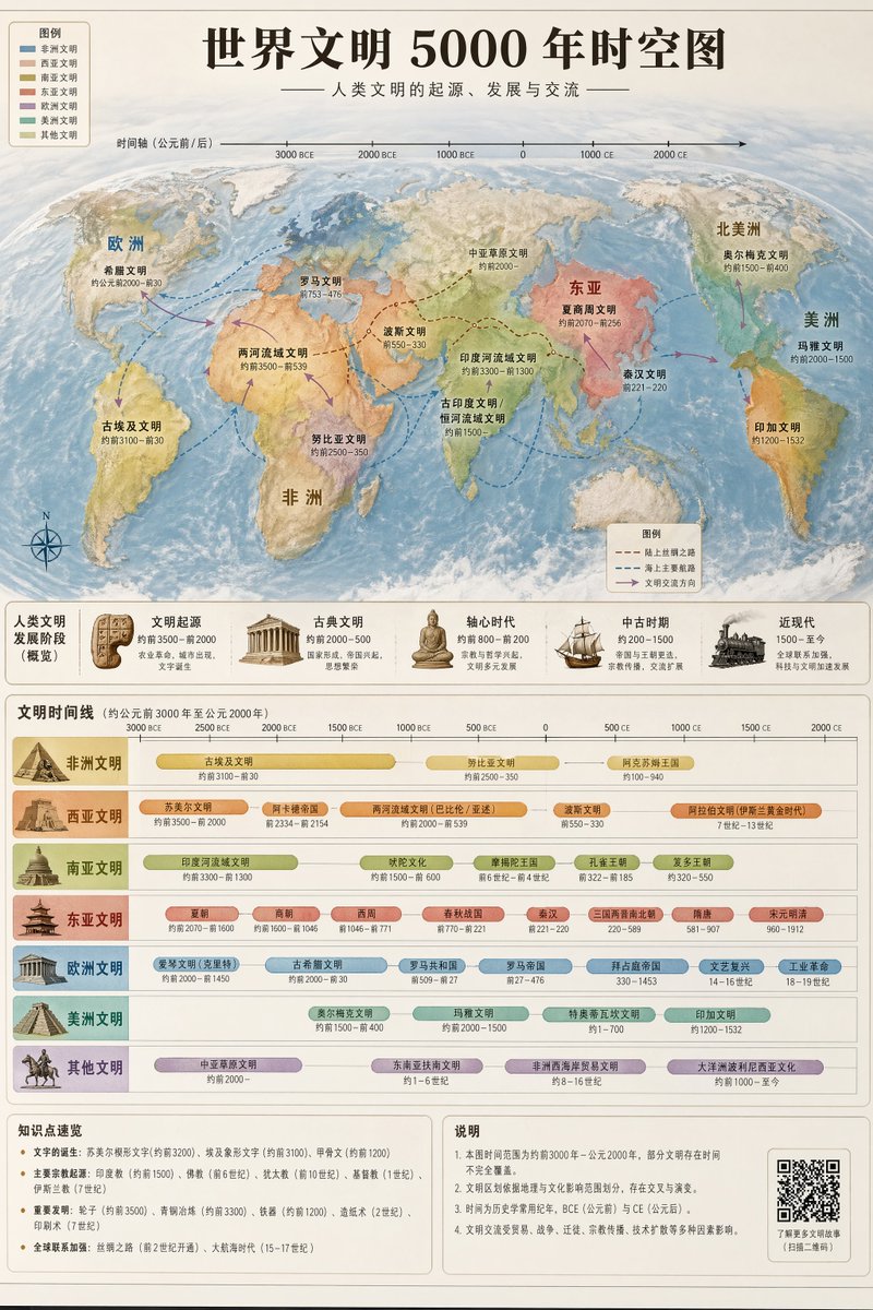 信息图 GPT Image 2 提示词：World Civilization Spatiotemporal Map