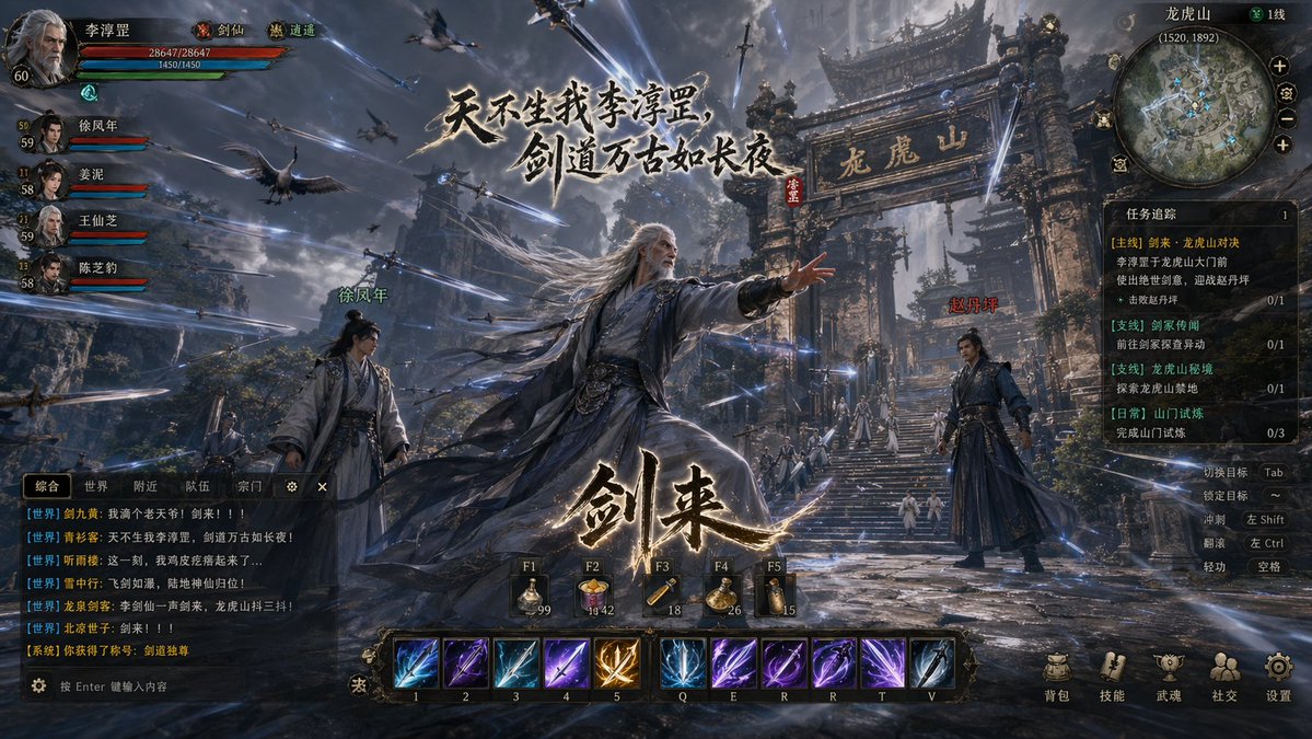 界面稿 GPT Image 2 提示词：Wuxia MMORPG Gameplay Screenshot