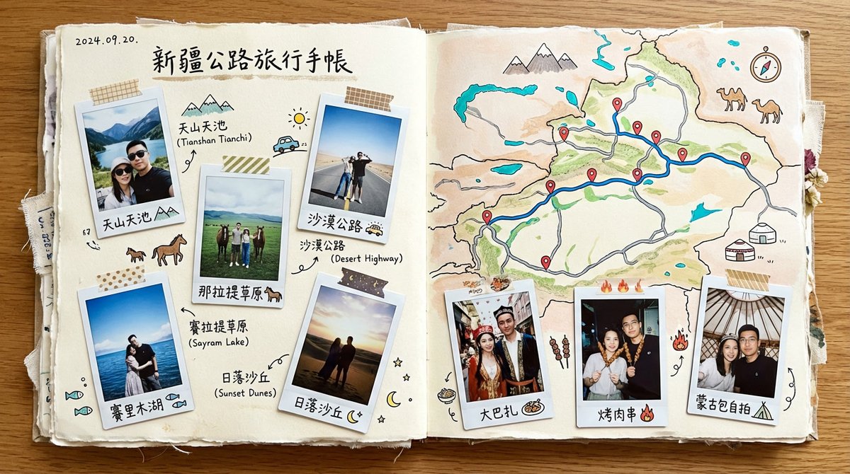 产品视觉 GPT Image 2 提示词：Xinjiang Road Trip Scrapbook Spread