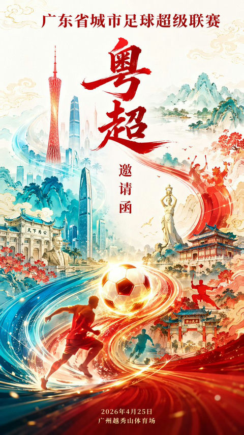 产品视觉 GPT Image 2 提示词：粤超联赛国潮风邀请函海报