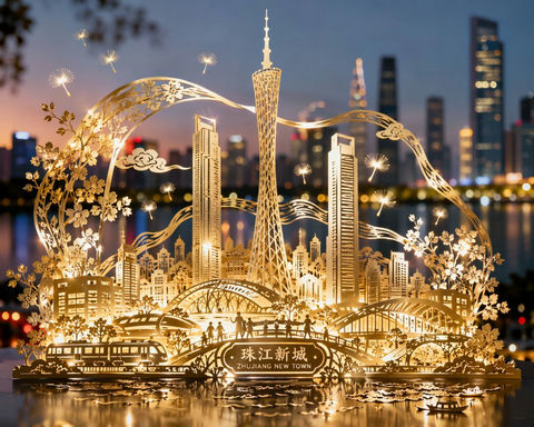 界面稿 GPT Image 2 提示词：珠江新城剪纸璀璨夜景